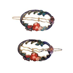 Pair of Vintage Floral Cloisonné Hair Barrettes Gold Tone Red Coral Pink Emerald